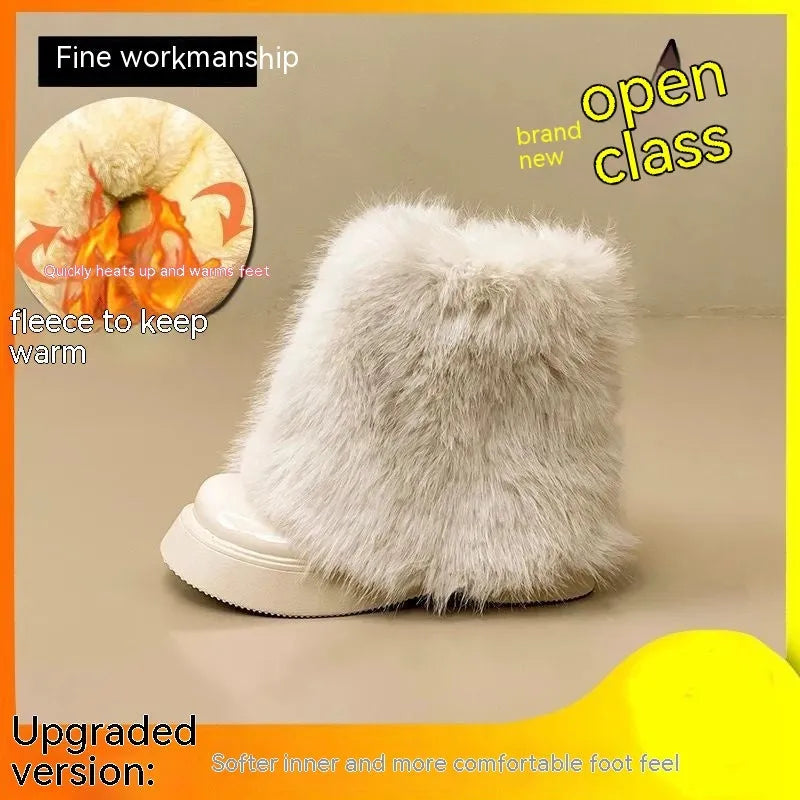 Women's black fleece-lined snow boots with waterproof rubber sole and round toe