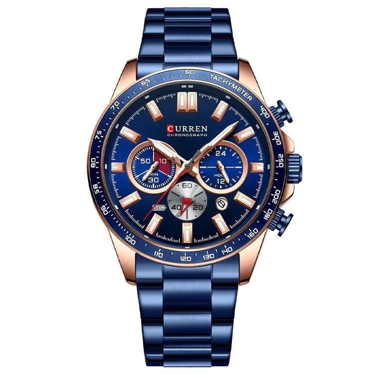 Men's blue alloy quartz watch with steel belt, mineral glass face, and calendar display