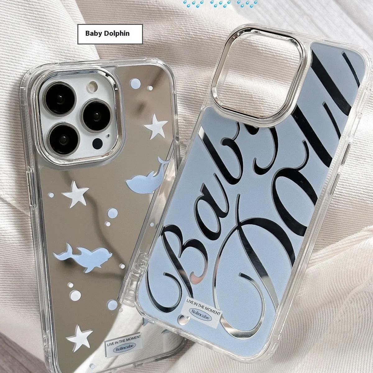 Clear TPU iPhone case with mirrored finish showing JMKJ letters on blue background for models 11 to 16