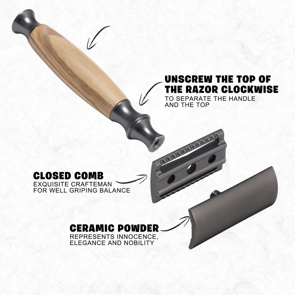 Copper manual safety razor with olive wood handle and aluminium alloy blade holder
