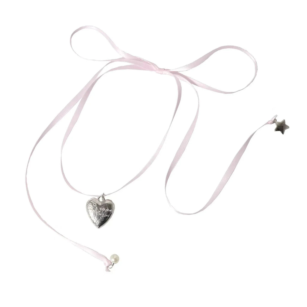 Women's alloy necklace with ribbon love pendant and electroplated finish on clavicle chain