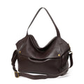 Brown genuine leather women's shoulder bag with a structured horizontal square shape.