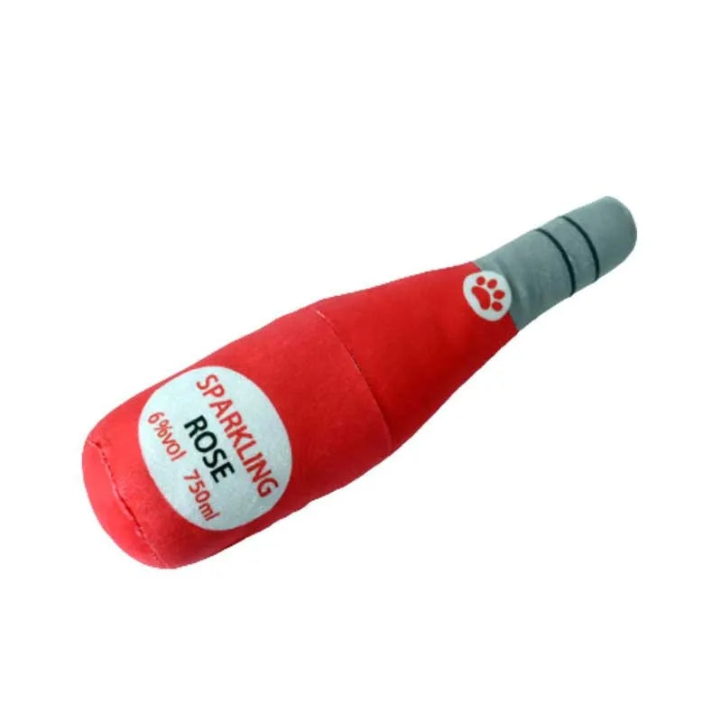 Plush wine bottle shaped pet toy for dogs and cats in multiple colours