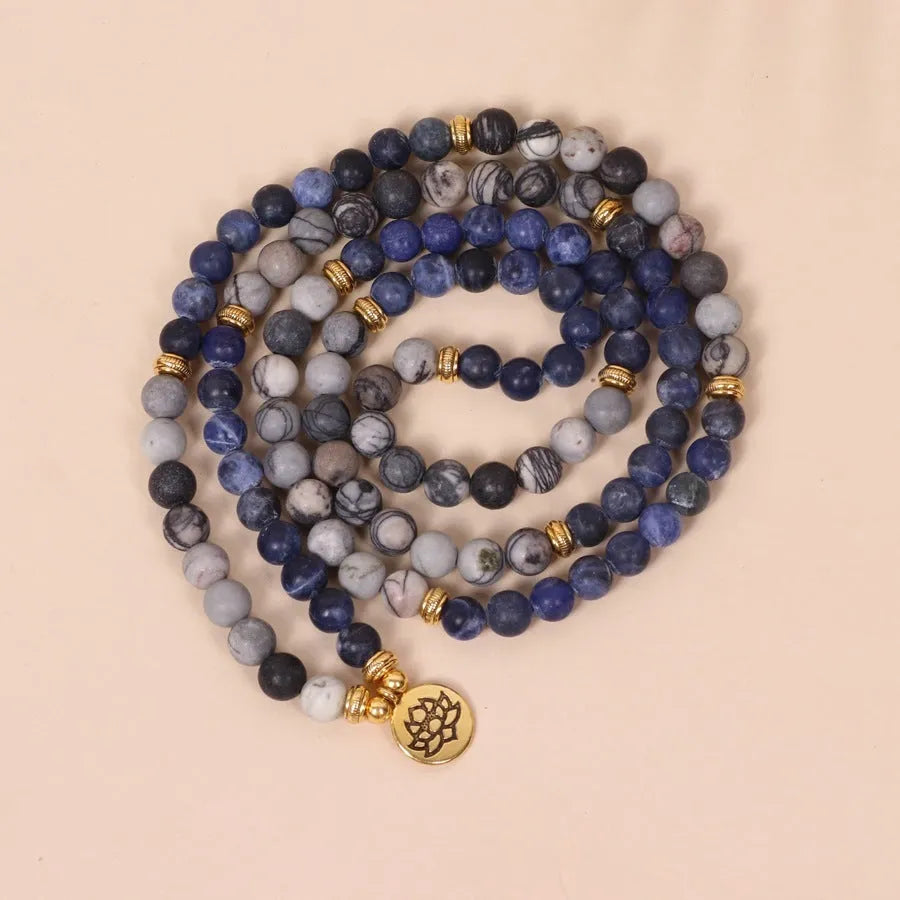 Blue patterned network stone bead multi layer bracelet with adjustable alloy clasp