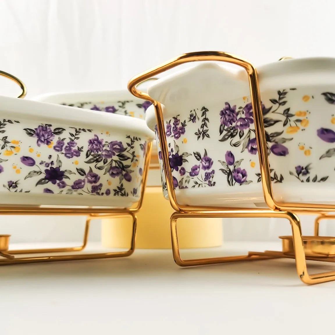 Ceramic soup pot binaural hot pot, porcelain, rectangular, electroplated finish, lemon pattern, in gift box with three pieces