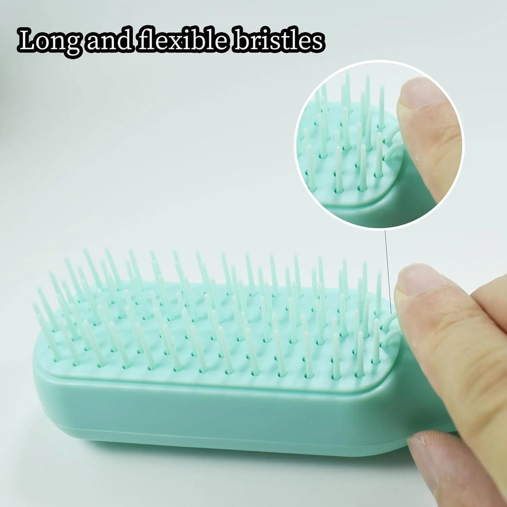 Dual-sided dog grooming brush for small breeds with soft bristles in blue colour