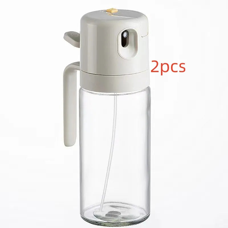 2-in-1 oil sprayer bottle with automatic opening and dual spray pour modes, 550ml soda-lime glass, in warm gray