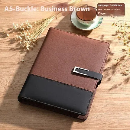 A5 soft PU leather notebook in brown, black, green, blue, or red, showing wood-free paper inside.