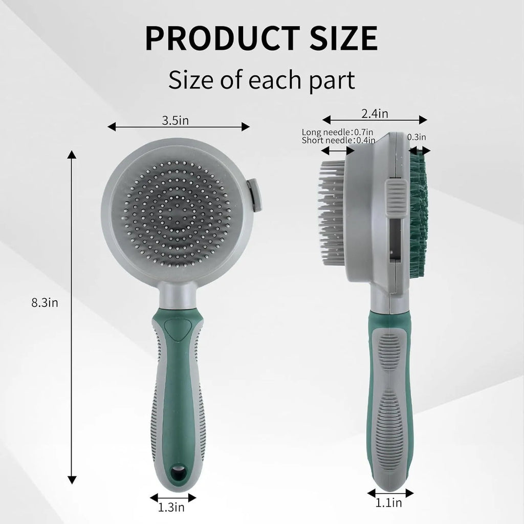 Green and pink dual-sided pet brush showing slicker brush side and silicone massage head side