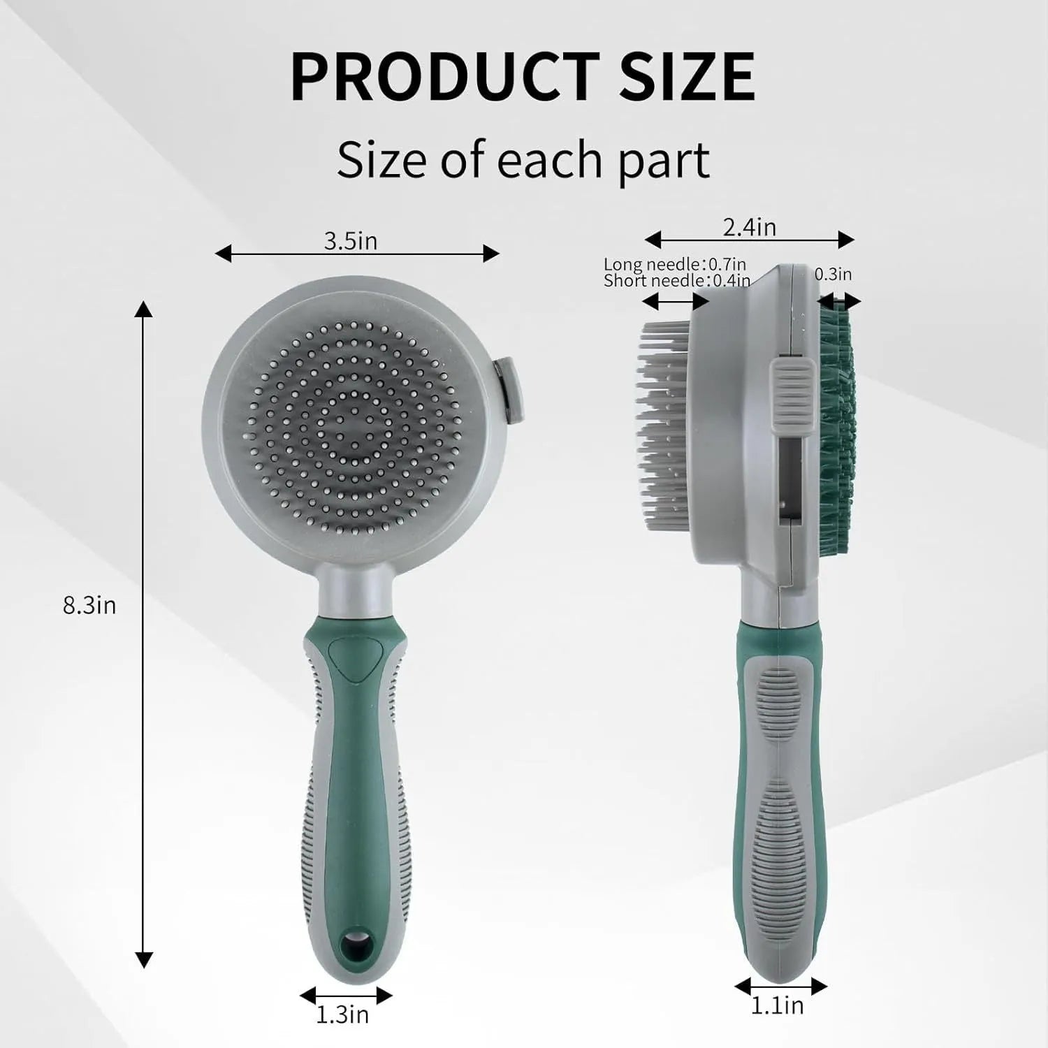 Green and pink dual-sided pet brush showing slicker brush side and silicone massage head side