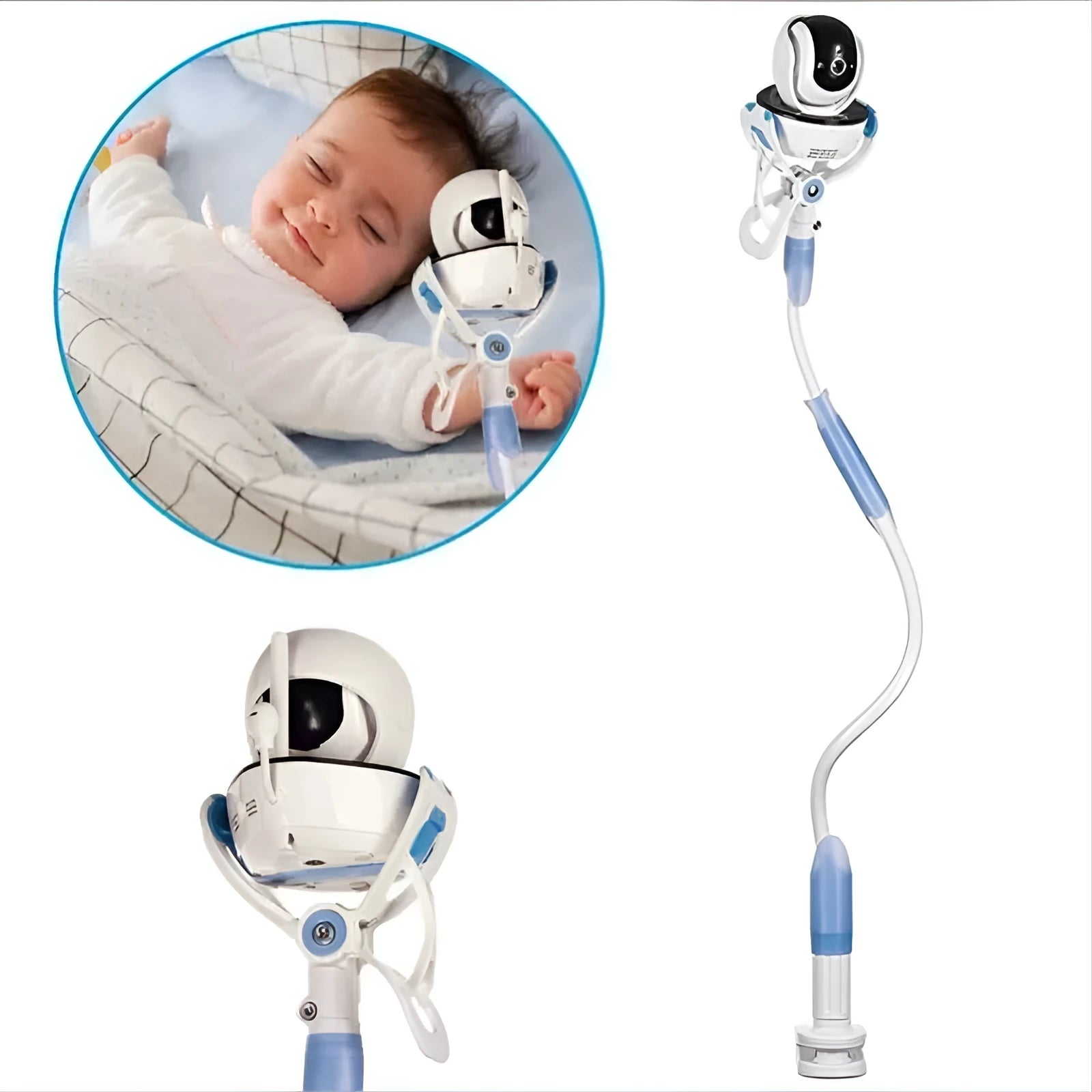 White no-drill baby camera bracket with flexible arm and anti-slip clamp attached to a desk