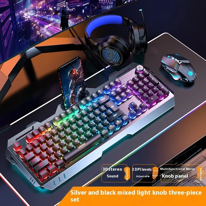 Aluminium mechanical keyboard with control knob in metal grey rainbow light colour option