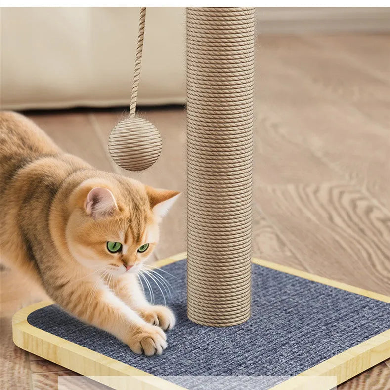 Windmill-shaped cat climbing frame with a hanging ball, made from pine wood and covered in carpet leather.