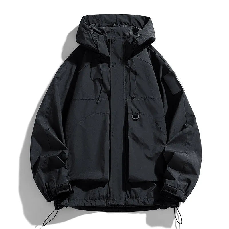 Men's black windproof waterproof hooded jacket on a hanger, shown in regular length with long sleeves.