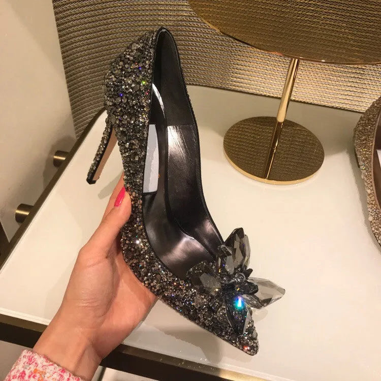 Women's gold pointed toe high heels with rhinestone sequin decoration and stiletto heel
