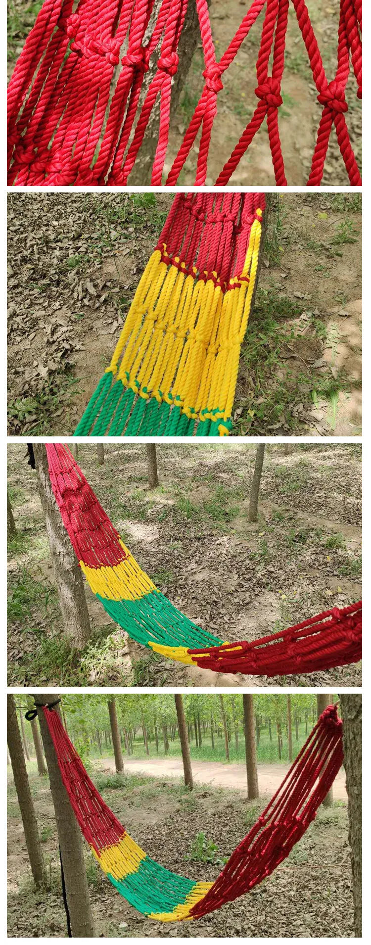 Outdoor nylon rope mesh hammock hanging between trees showing mesh construction and tying ropes