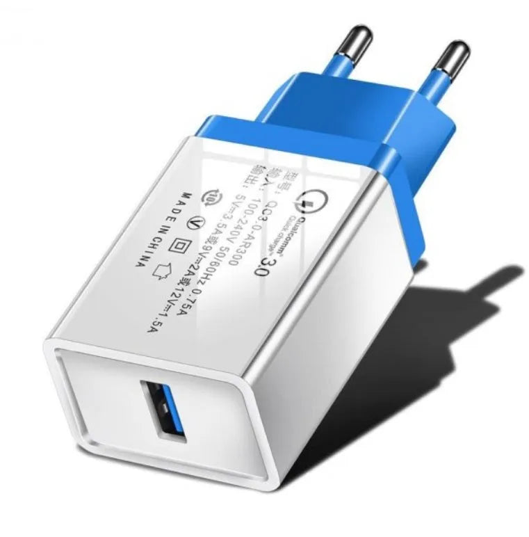 QC3.0 fast travel charger in six colour options showing US and EU plug configurations