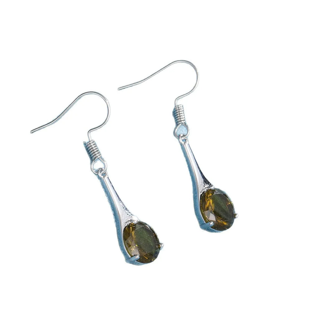Olive green topaz drop shape earrings with minimalist design and electroplated finish