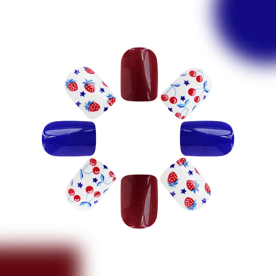 Glossy red and blue strawberry cherry independence day nail stickers, short style.