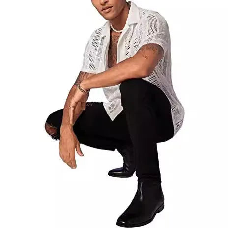 Men's black knitted short-sleeved button cardigan shirt with jacquard texture