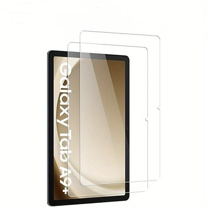 Tempered glass screen protector for Samsung tablet displayed next to a cattle leather pouch.