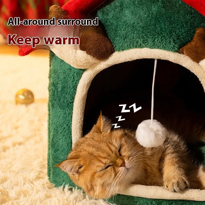 Christmas cat nest in red top elk colour with removable cover, made from cotton and PP cotton, on display as a pet bed
