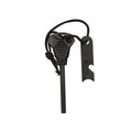 Black multifunctional camping flint with magnesium rod and stainless steel scraper showing graduated scale and bottle opener