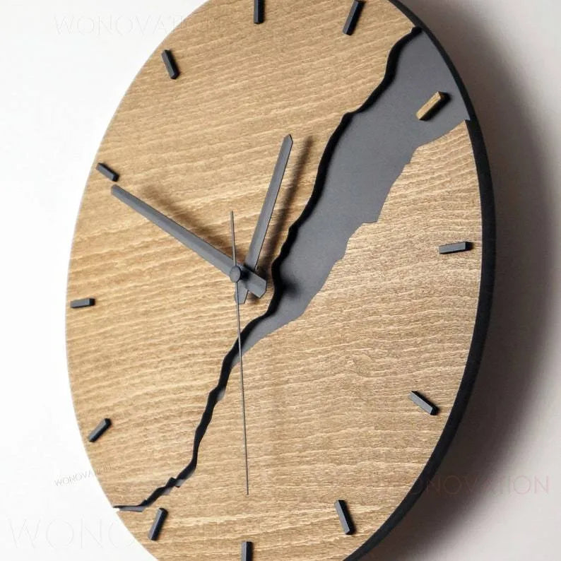 Modern wooden wall clock with crack effect design, 30 cm diameter, minimalist numerals