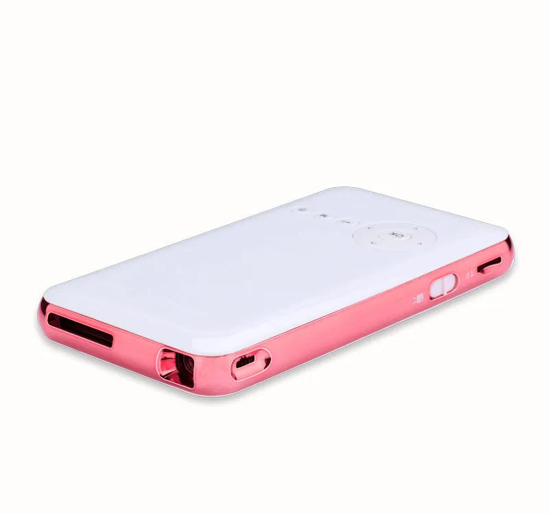 White and rose gold miniature portable smart DLP Android projector showing compact size.
