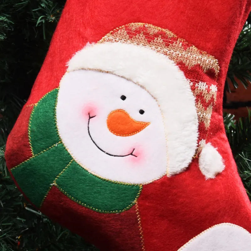 American folk style Christmas candy bag with elk, snowman, and elderly man designs, made from non-woven fabric.