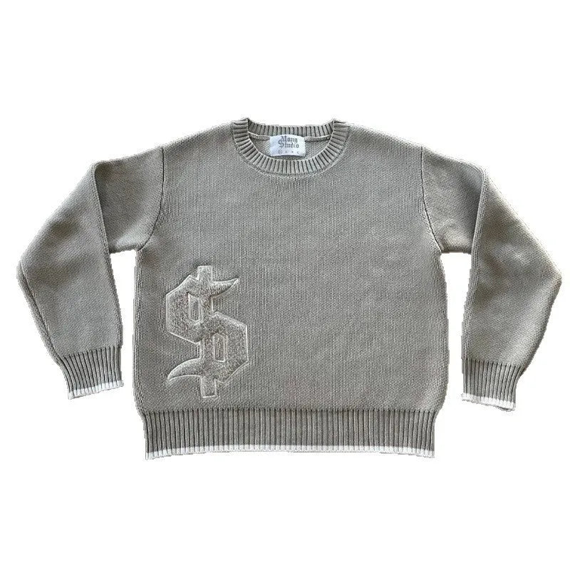 Grey loose fit jacard knit pullover coat with long sleeves made from acetate fibre