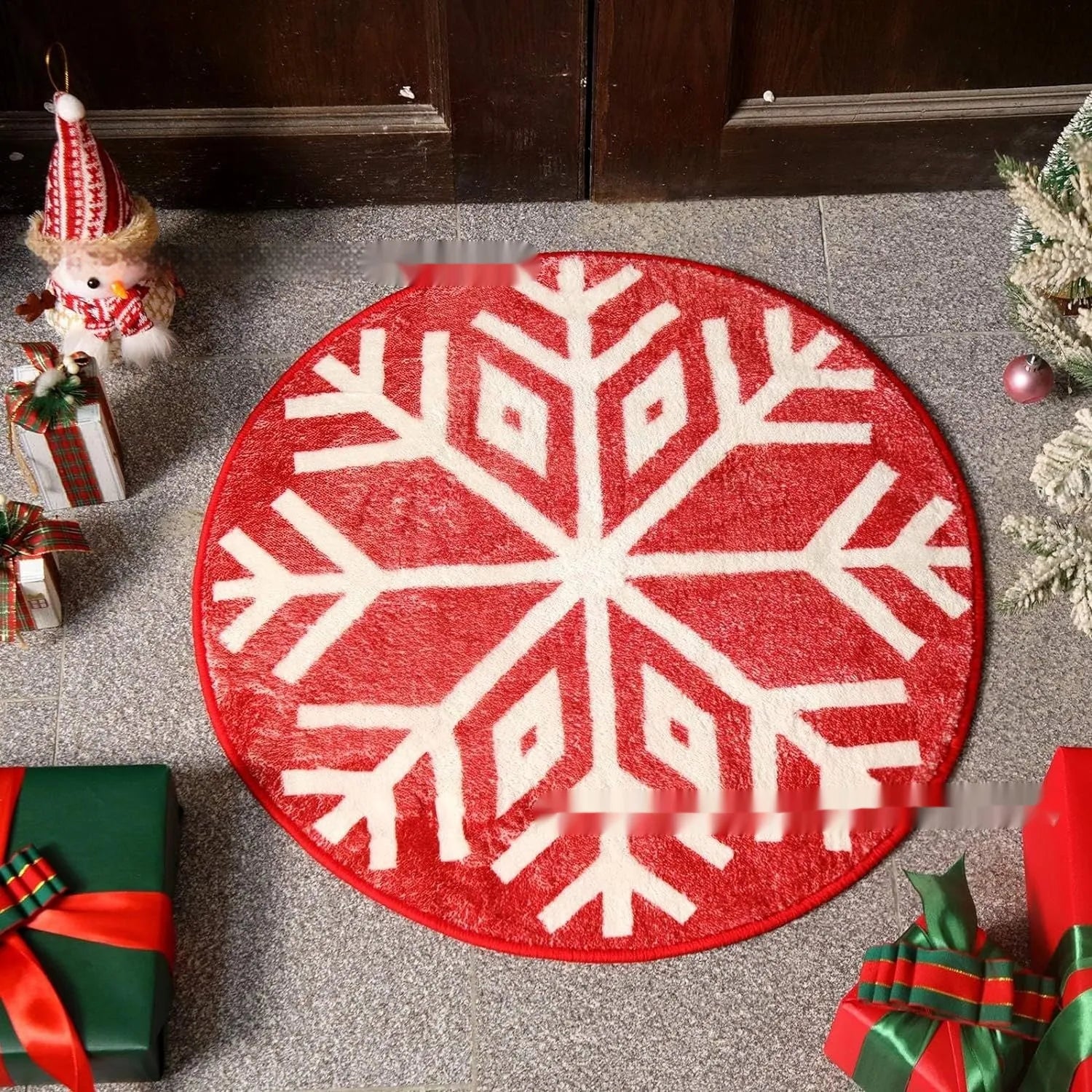 Christmas round carpet with festive printed design on soft polyester fibre, square size option shown.