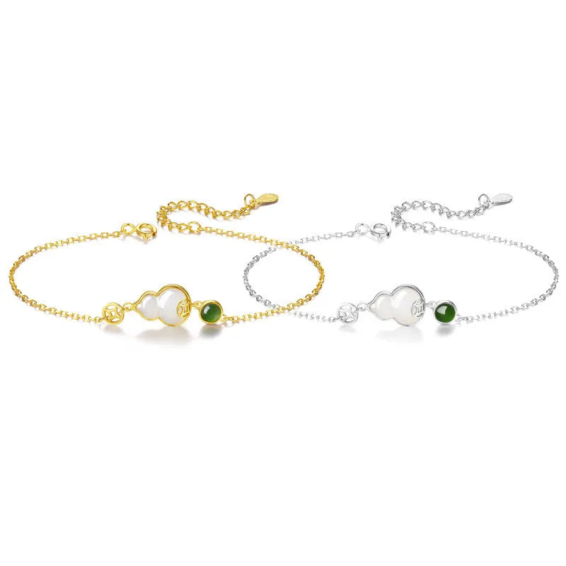 Sterling silver bracelet with natural Hetian jade flower and gourd design Chinese style women's jewellery