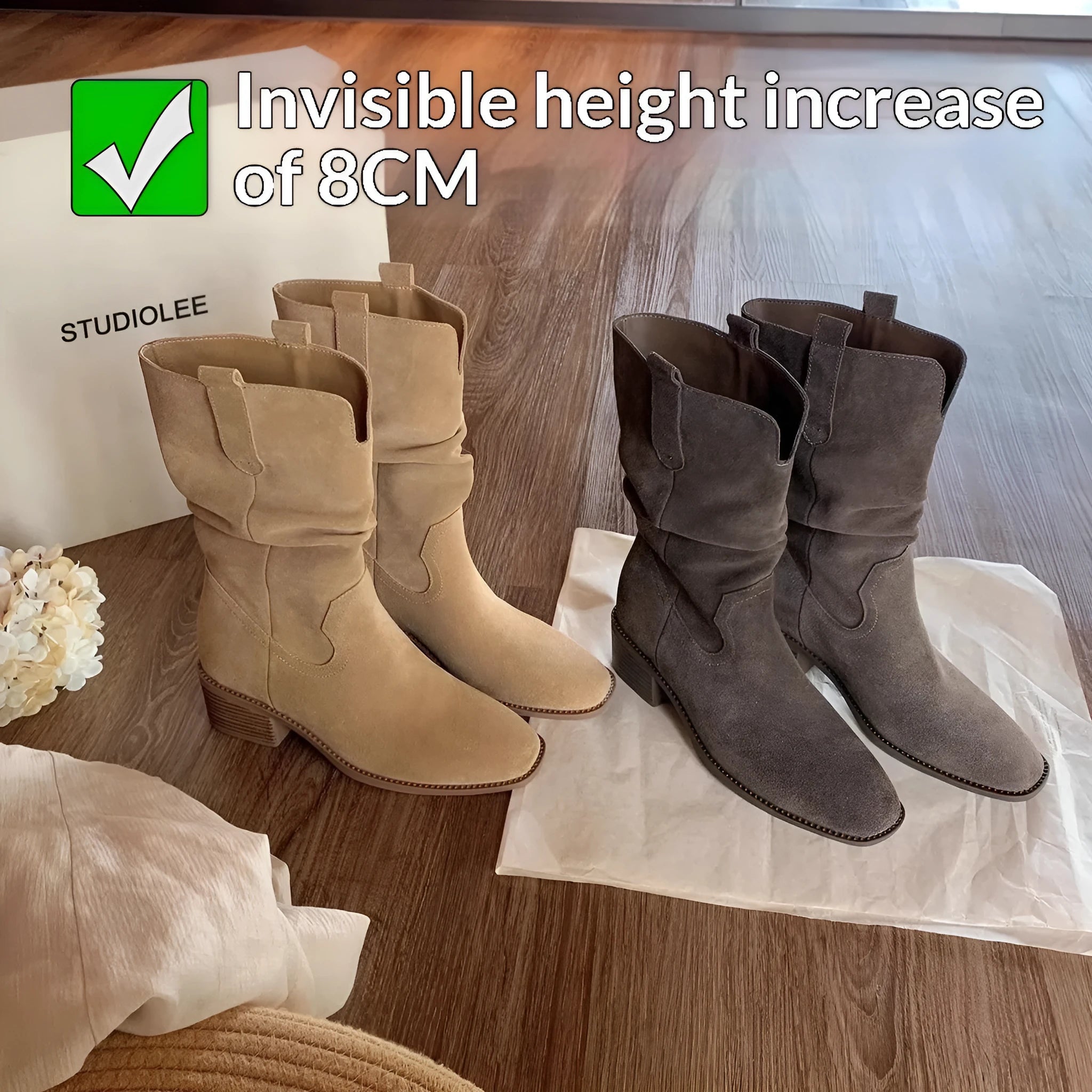 Women's 8cm chunky heel ankle boots in khaki with round toe, slip-on style, and high shaft design