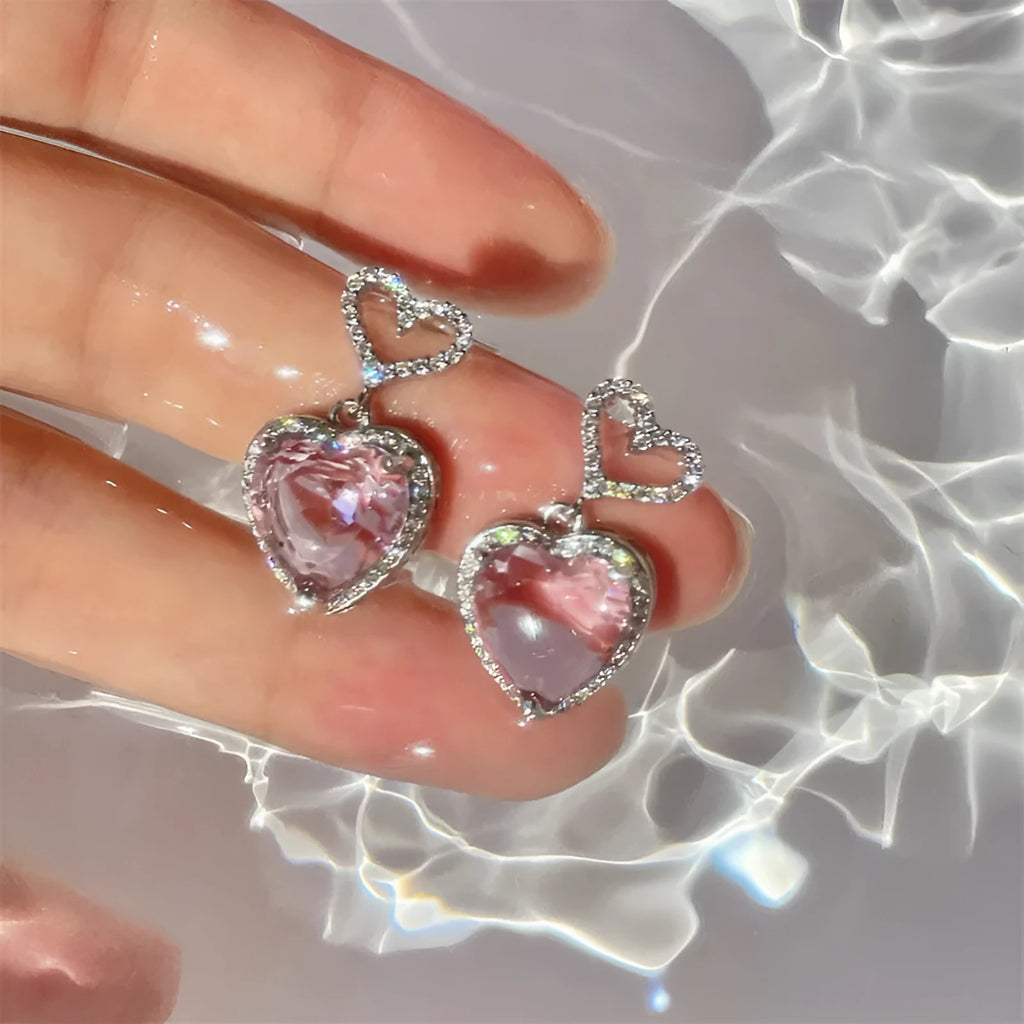 Pink crystal heart earrings on copper base, 26x15mm, 7g, 2023 new light luxury fashion jewellery for women girls