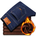 Thickened plush jeans for men in black cotton with medium waist and straight tube leg