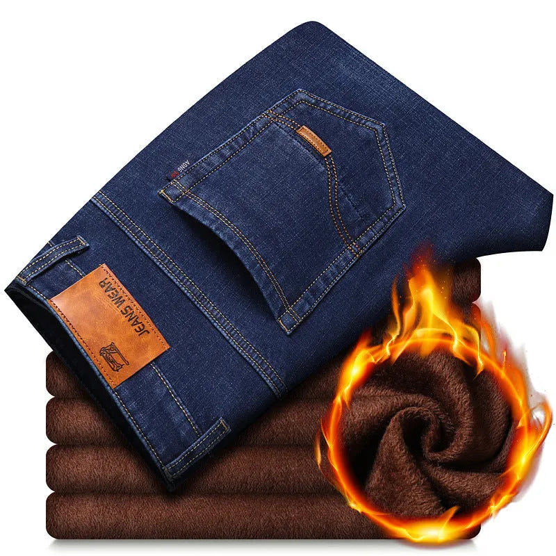Thickened plush jeans for men in black cotton with medium waist and straight tube leg