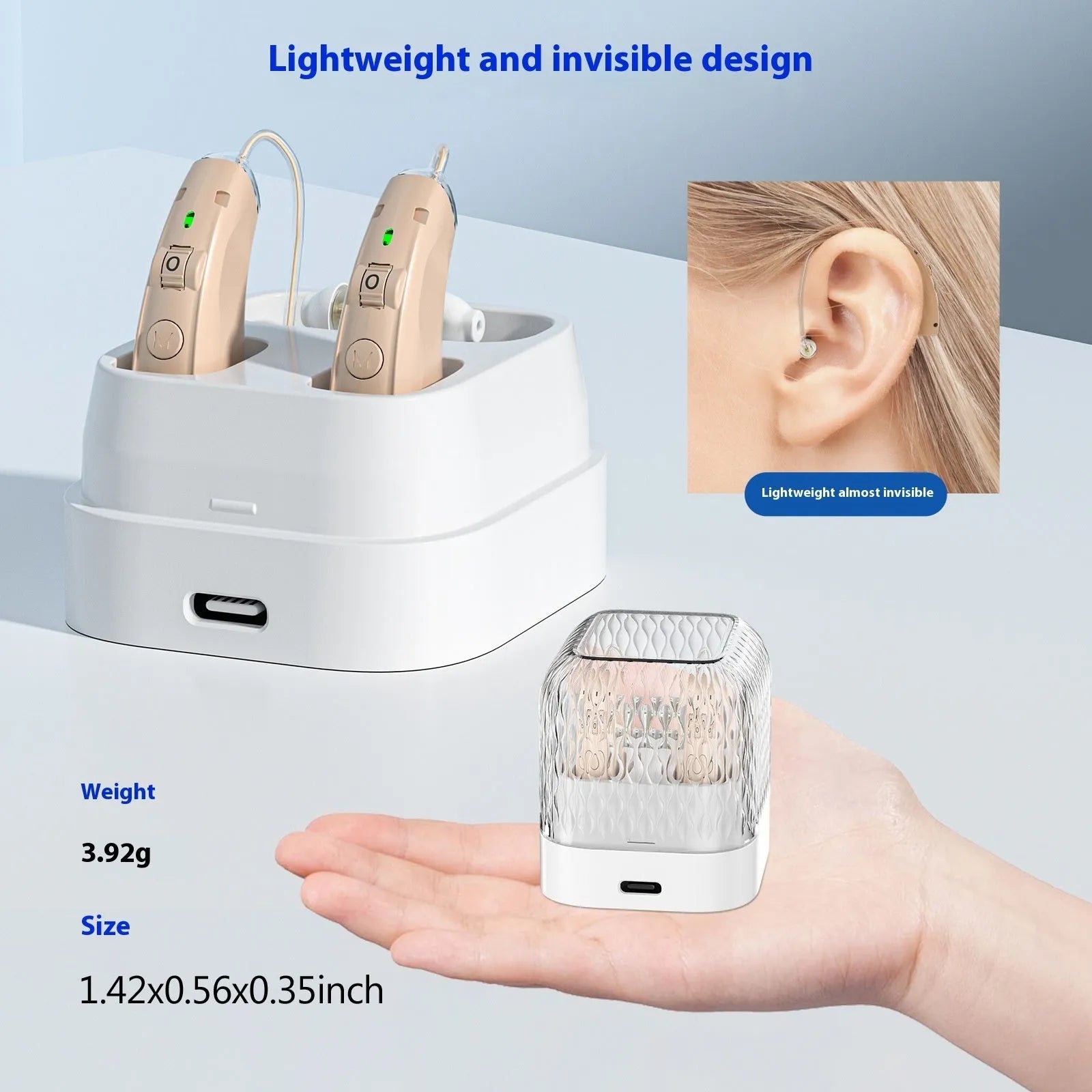 Hearing aid for elderly in silver with USB charging port and noise reduction feature