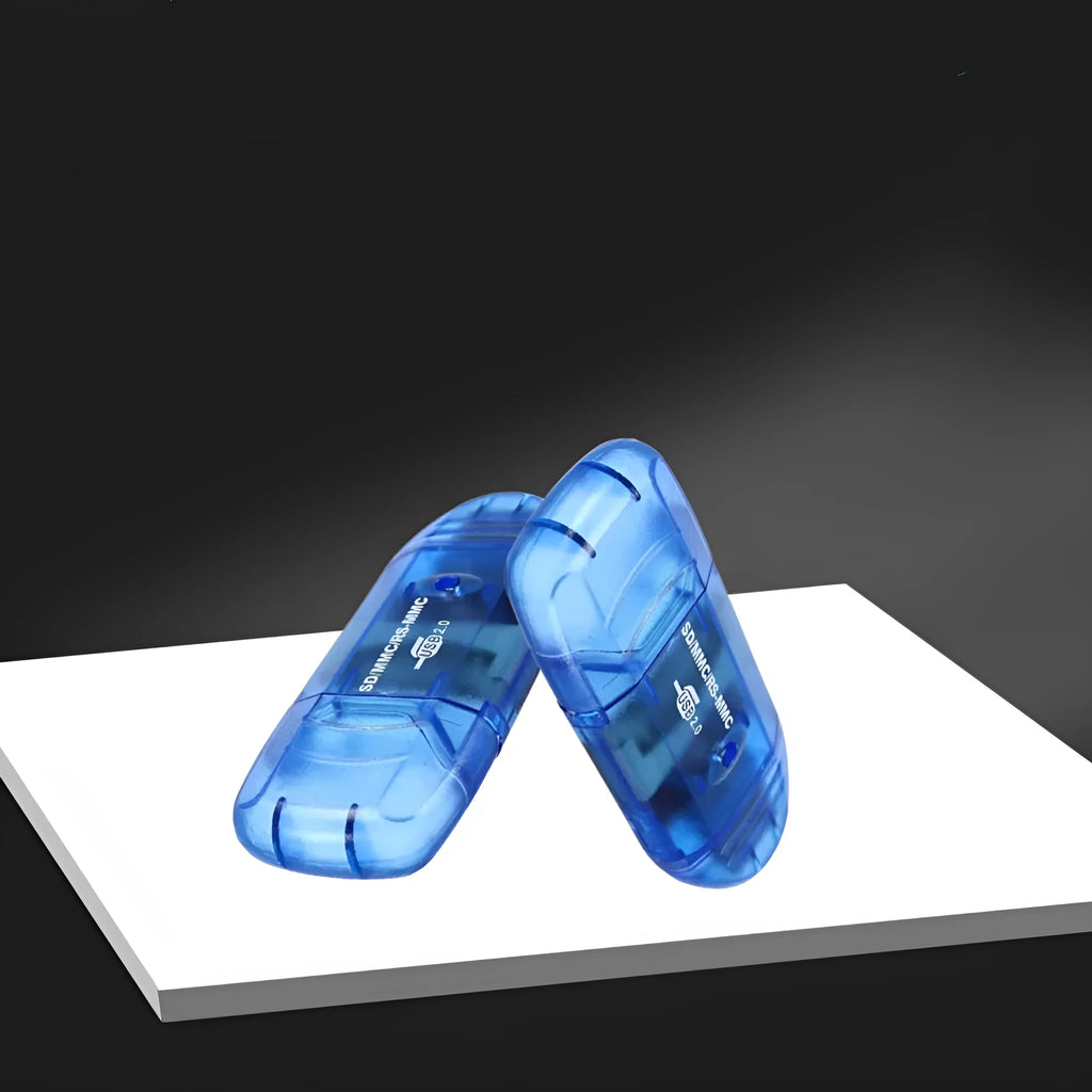 Transparent plastic USB card reader with LED light and memory card inserted, next to its card holder.