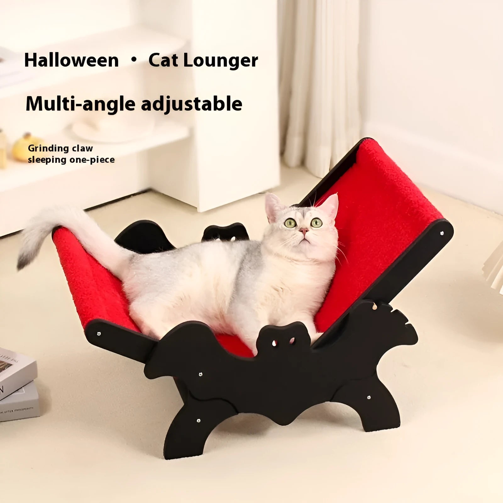 Black and red Halloween themed wooden cat recliner bed with bat decorations