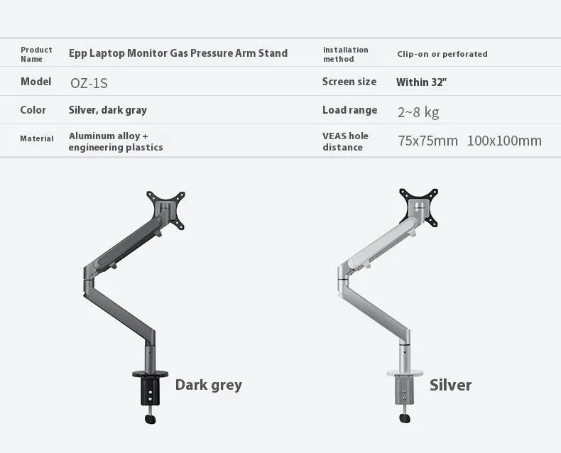 Silver aluminium laptop stand with adjustable air pressure arm holding a notebook above desktop