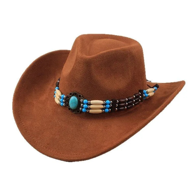 Western cowboy wide brim faux fur top hat in black with dome crown and average size 58cm for sun protection