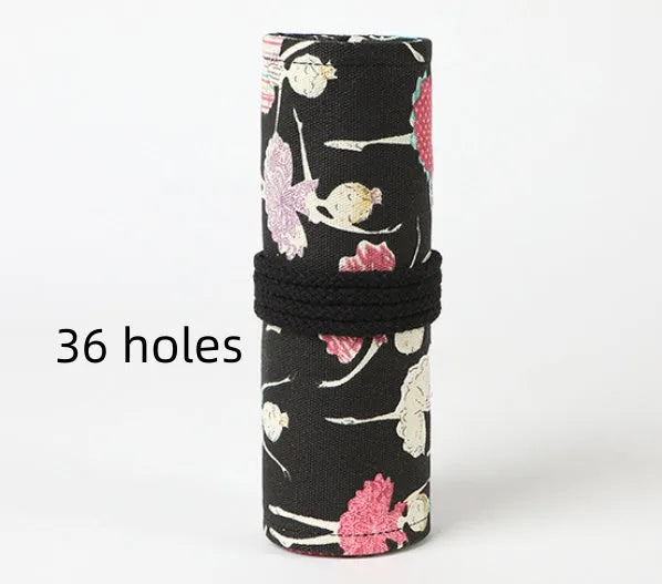 Ballet girl printed canvas rolling pencil case showing square design with multiple pencil compartments