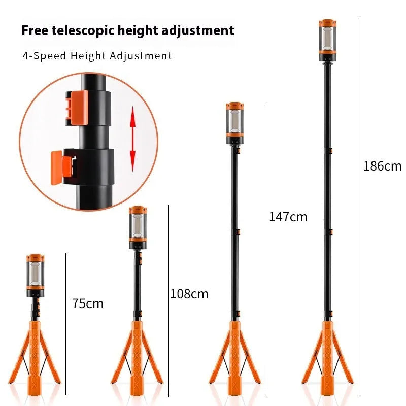 Retractable folding charging camping lantern in black and orange with bracket, measuring 58.2cm x 20cm x 9.4cm.