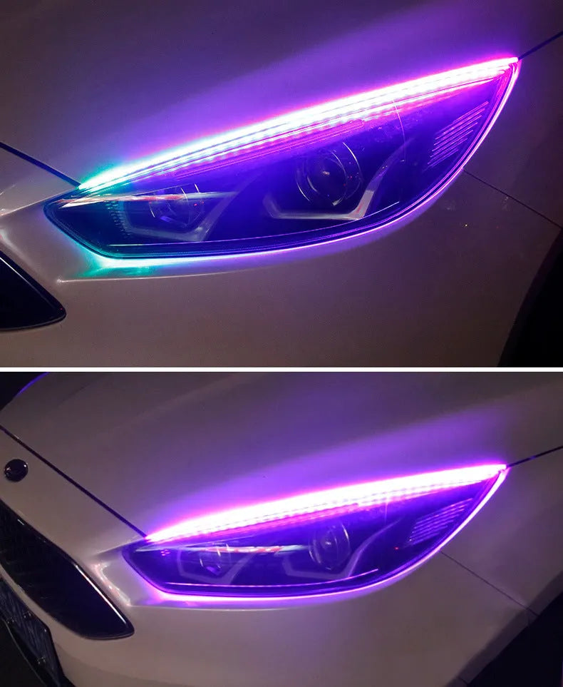 Universal LED daytime running lights with RGB colourful streamer turn signals and remote control for vehicles