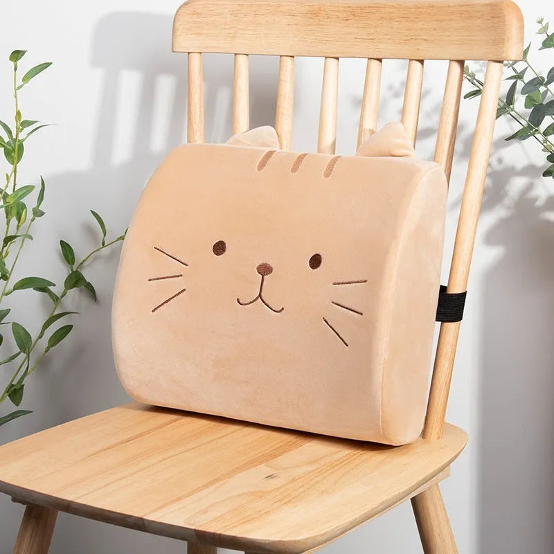 Cartoon cat memory foam lumbar back pillow in beige with embroidered details and tassels, removable cover