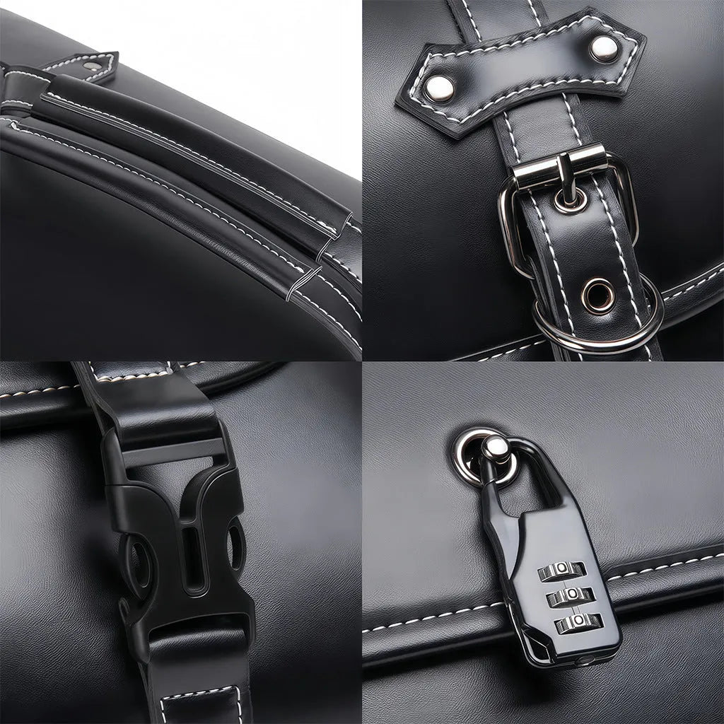 Dark punk style PU leather motorcycle side bag with lockable zippers.
