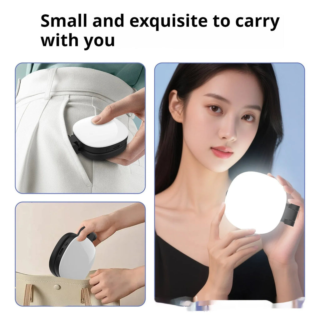 Black and white handheld magnetic phone selfie fill light with adjustable colour temperature settings.