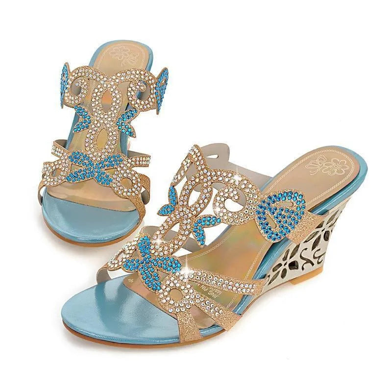 Women's gold peep toe wedge sandals with rhinestone detailing and 8cm heel
