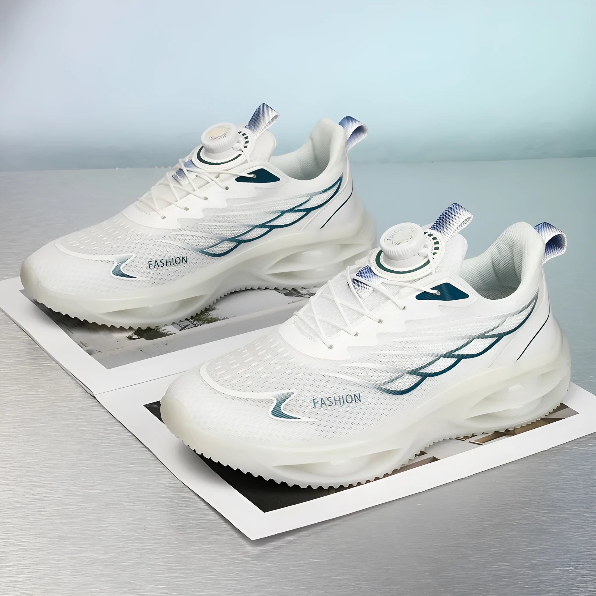 Breathable running shoes in sky blue with mesh upper, round toe, and lace-up front